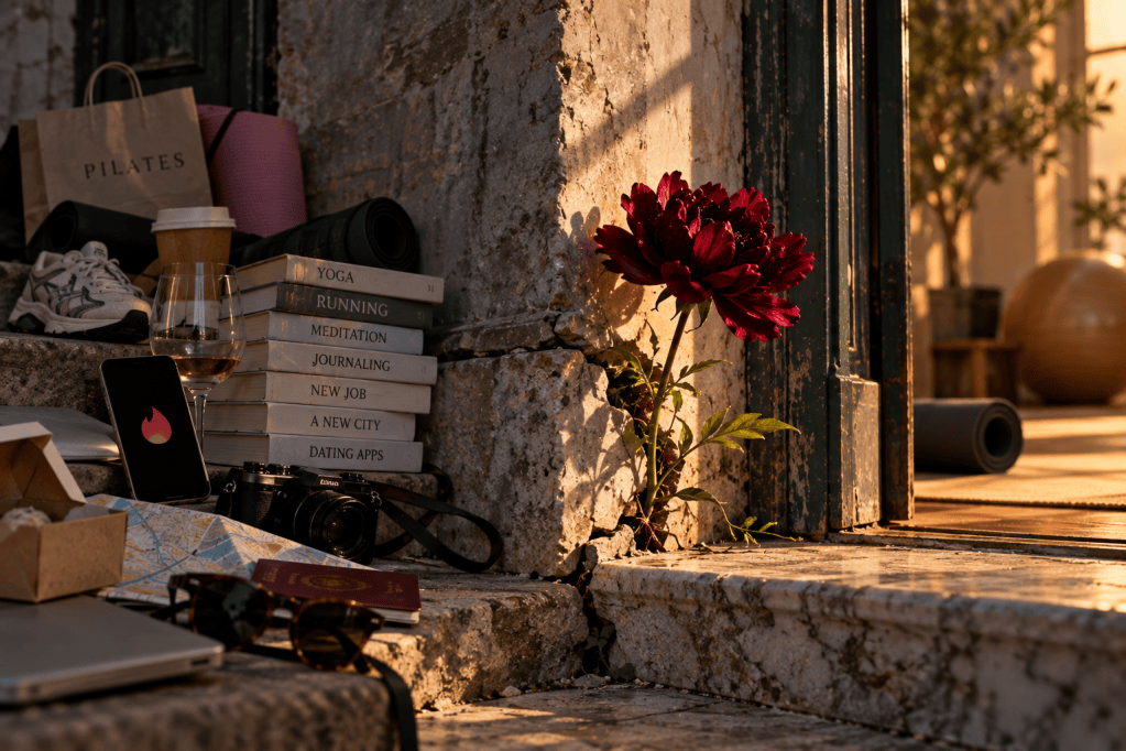 A red flower growing beside reminders of Pilates, meditation, work, travel and dating apps, symbolising commitment and choosing one path.